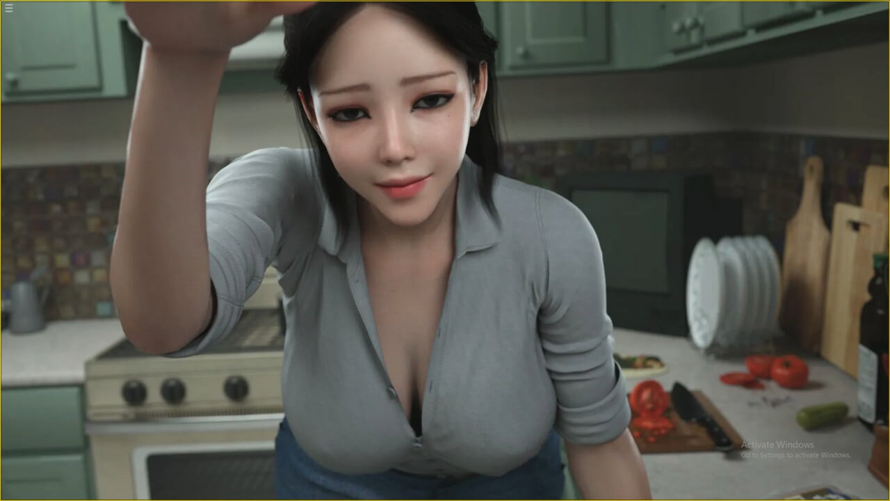 Japanese Stepmom Showing Big Boobs Cleavage While She Cooking In Kitchen