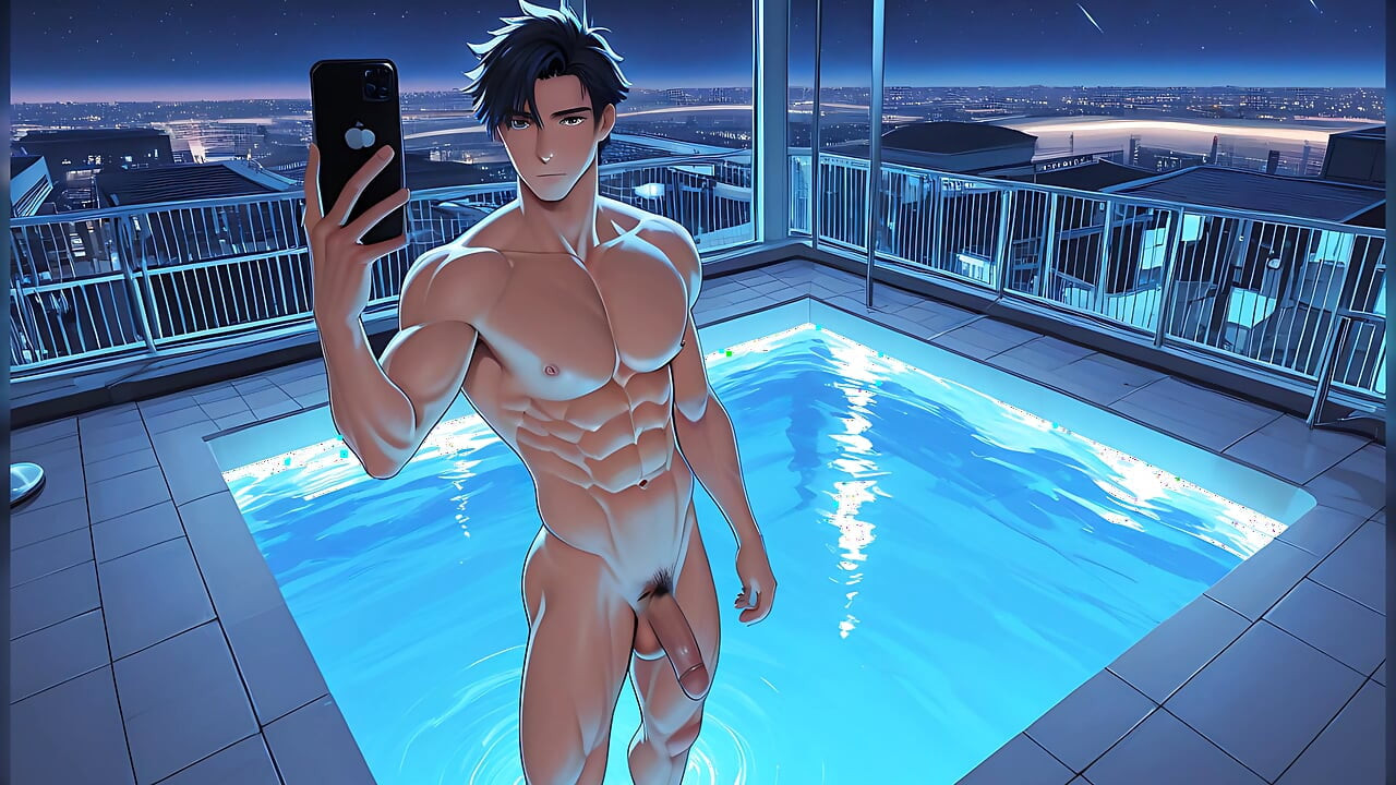 Rozdrobniony gimnastyczny facet nago wyprostowany kutas lustro selfie w basenie infinity