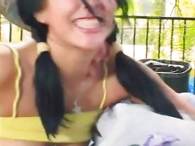Latina brunette in pigtails sucks cock and fucks outdoors