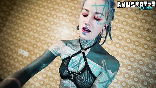 Heavy Tattoos & Piercings – Thigh High Leather Boots, Extreme Anal Stretch on Huge Black Dildo Chair