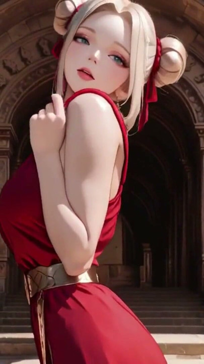 Blonde Goddess in Red! Forbidden Gaze in the Ancient Corridor, Deep V & High Slit teasing you. | Clip 1