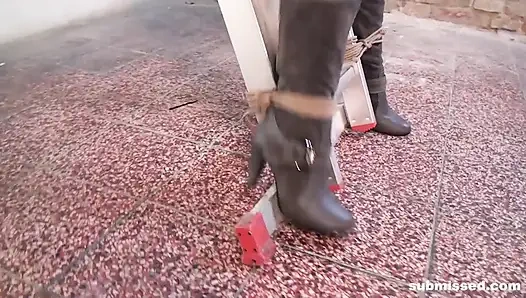 Anouk Tied to Ladder Tit-grabbed Nipple-clamped