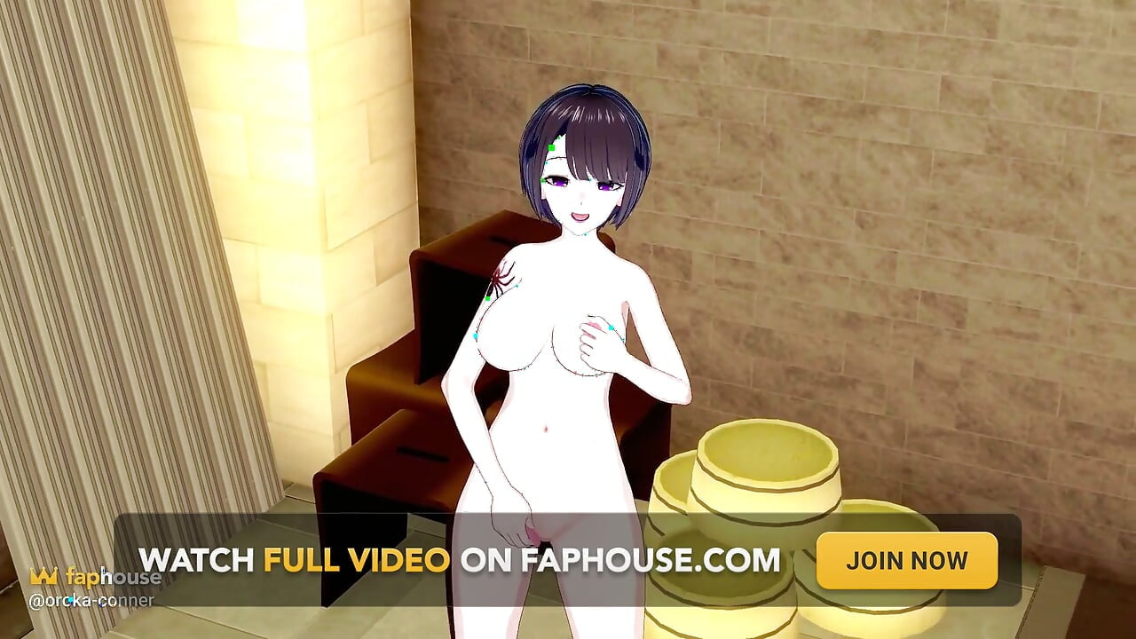 Kort hår brud strippar ner och onanerar i ett ångande badhus - 3D Hentai Solo