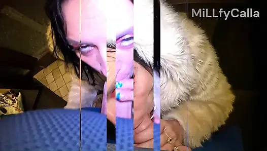 Risky White Fur Coat Blowjob and Doggy Indoors and Out