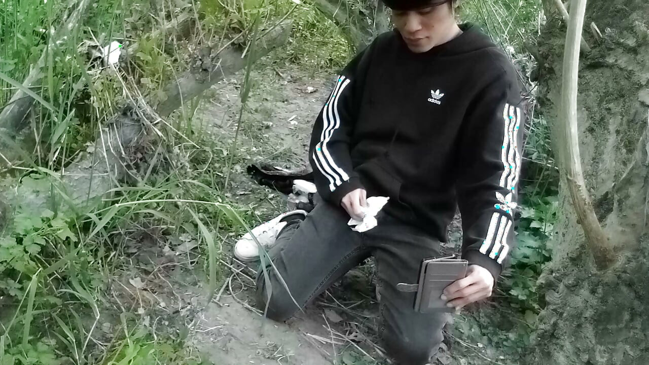 Cute Jon Arteen Gay twink jerks off outdoors, dry-humps the air, and shoots cum through a hole in his pants