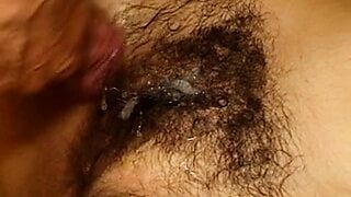 Hairy pussy showers and gets fucked with cumshot on pussy