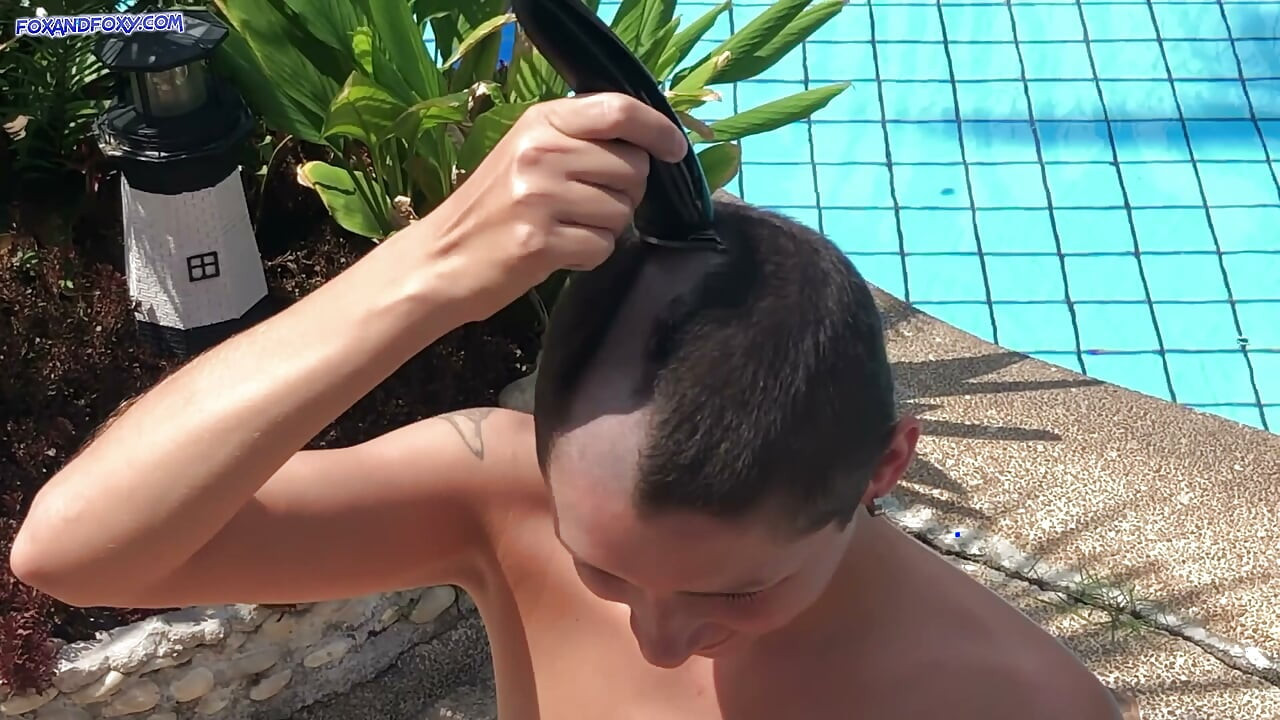 Hot anal sex at the pool with bald girl on her birthday and huge cum on face. Shaving head video