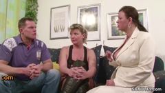 Two German Big Tit MILFs suprise his Husband with 3some