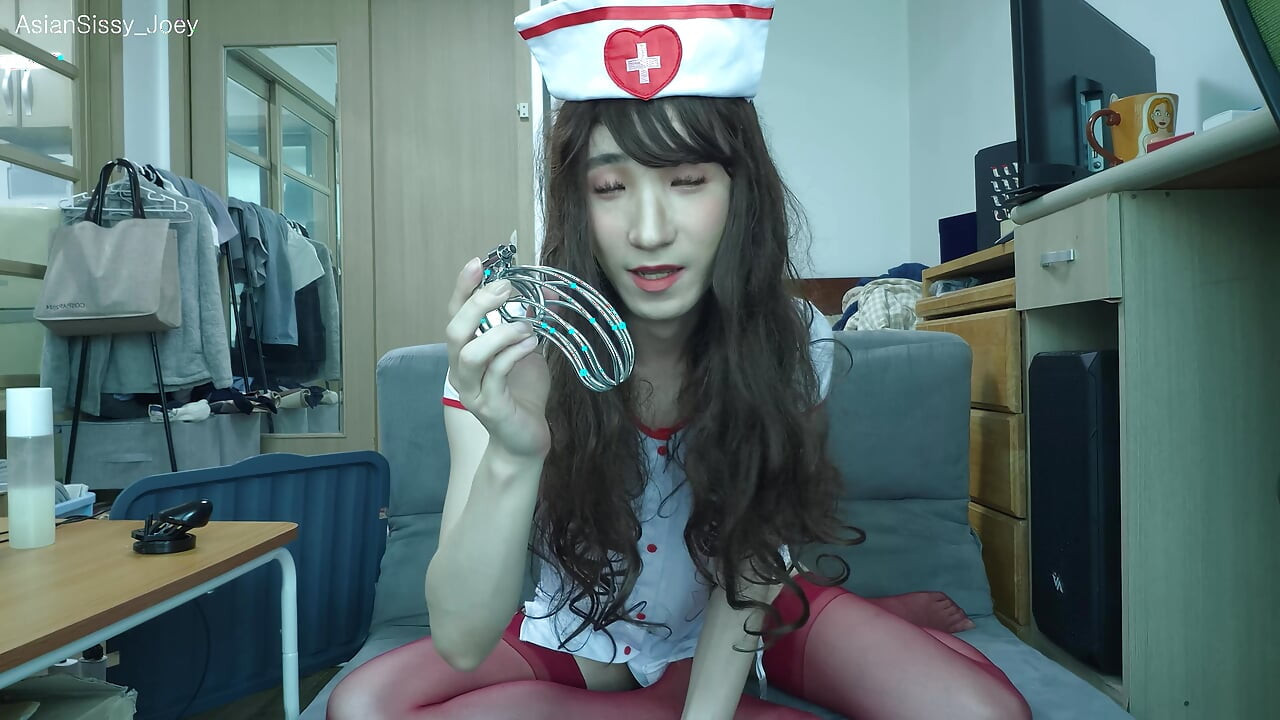 Sissy Femboy in Micro Chastity Is Riding Dildo