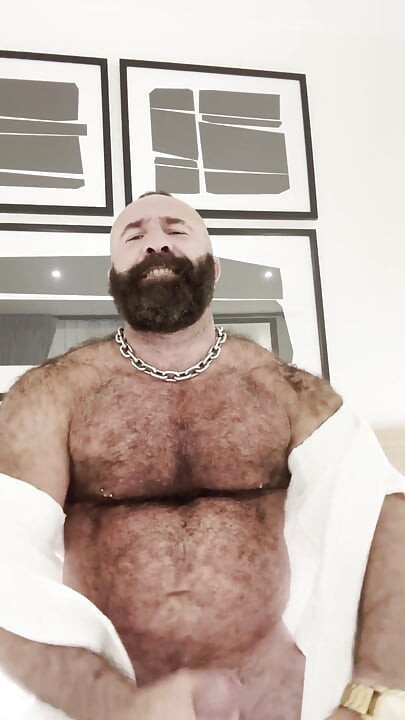 Verbal Muscle Bear Jerks His Big Cock with Cock Ring & Heavy Balls