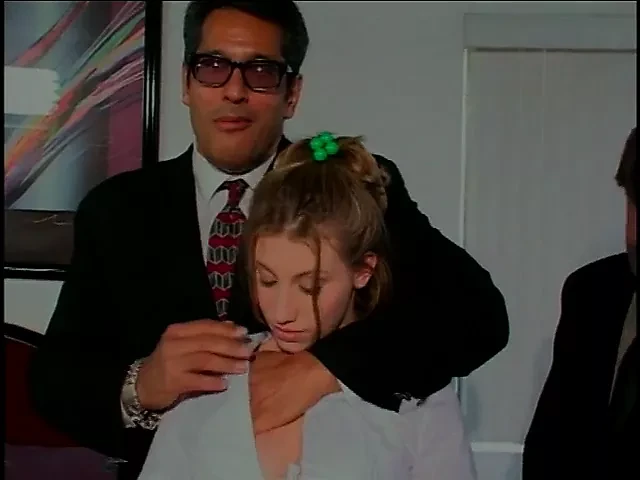 Blonde chick sucks two studs in suits and gets fucked