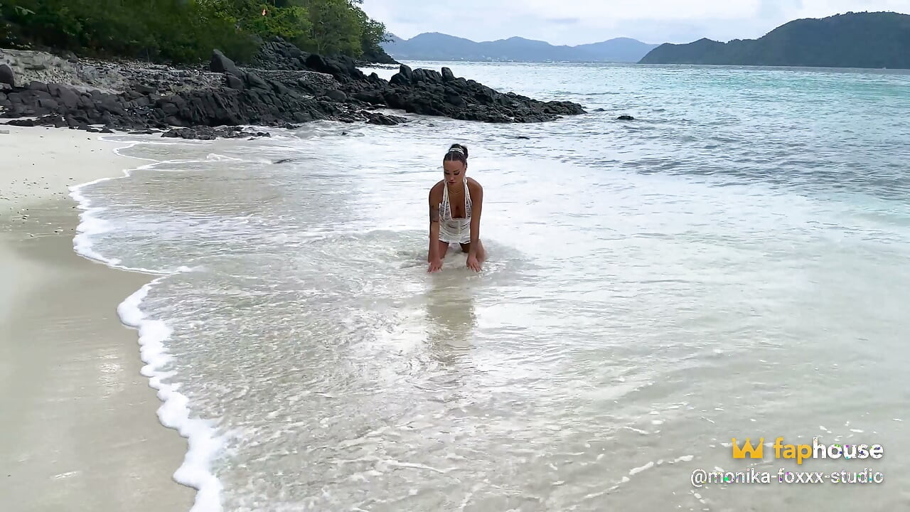 Monika Fox in Slutty White Dress on Beach