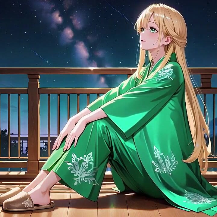 Green Kimono Fantasy in the Bedroom! Sunlight Hits Her Bare Legs as She Kneels and Teases Herself
