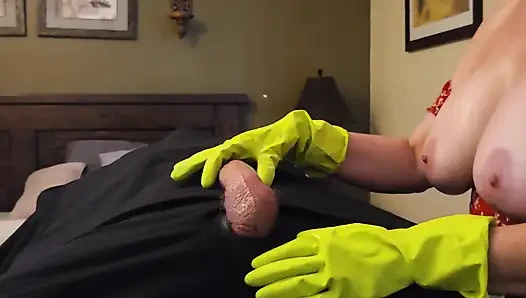 Super CLOSE UP Latex Gloves and Hot Oil POV Edging Penis Massage with HUGE CUM SHOT