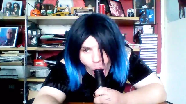 (Solo) Trans girl sucks and rids big black dildo