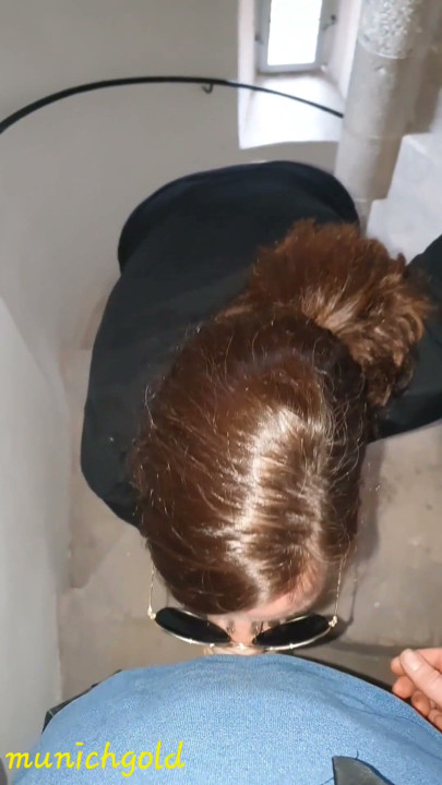 public sex outdoors, piss, hot blowjob, I'll be fucked from behind and have sex in the stairwell of a church | Clip 1