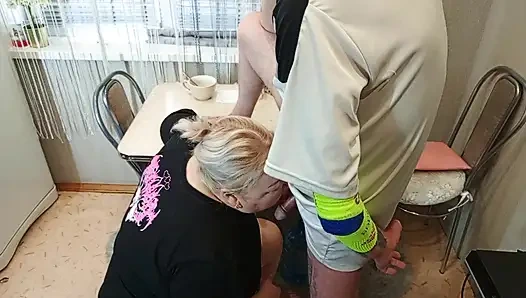 in the afternoon, I fuck my neighbor in the mouth in the kitchen and cum