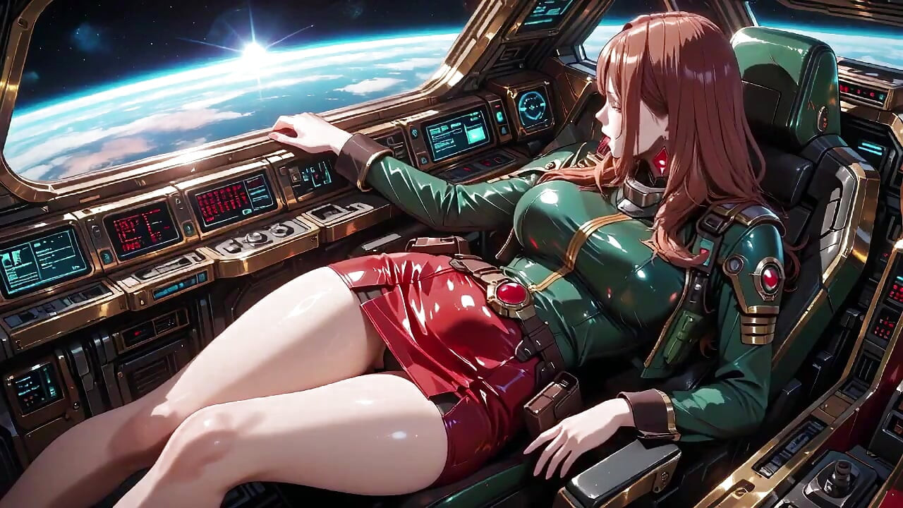 Redhead Commander in Green Sci-fi Uniform! Lazy, Teasing Vibes While Playing with Candlelight on the Spaceship Bridge.