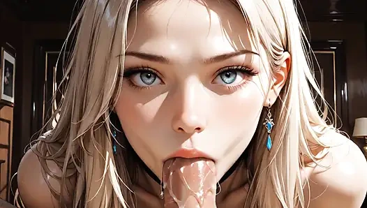 Blonde Colombian Blue Eyes Kneeling Sucking Thick Cock Of Her Boyfriend With Desire, Blowjob Deep Full Throat, Saliva Cumming