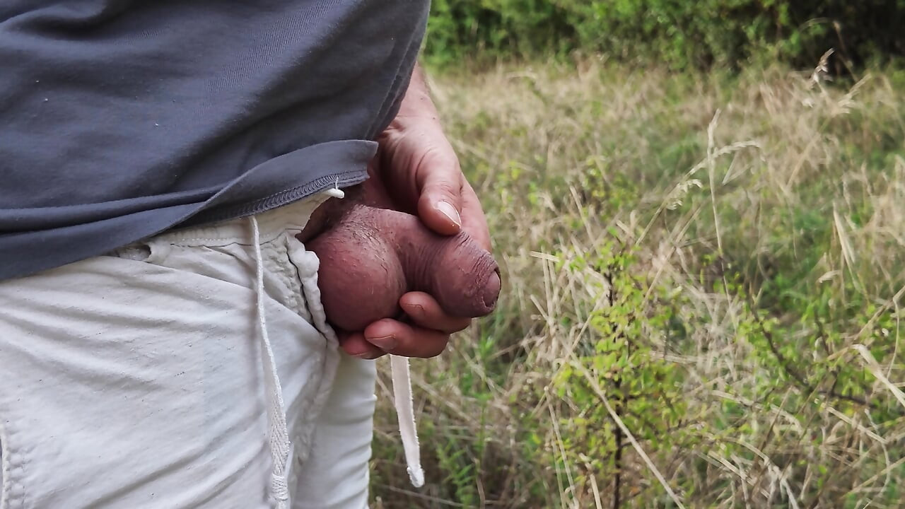 outdoor piss with my uncut xl dick, walking around with soft cock