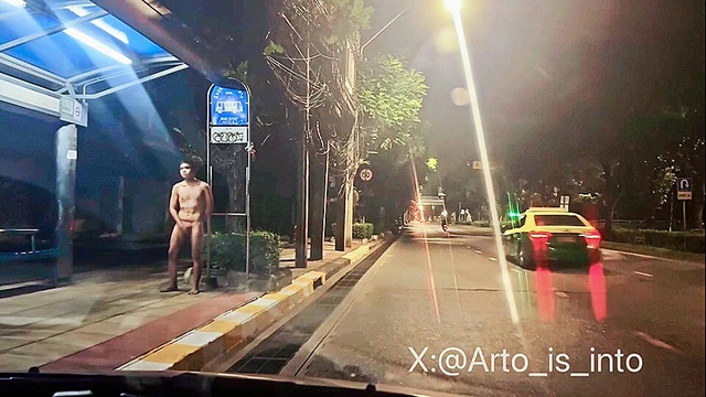 Naked at the bus stop in Bangkok, fucking exposed, jerking off for everyone to see. Master’s orders filming me for public shame.