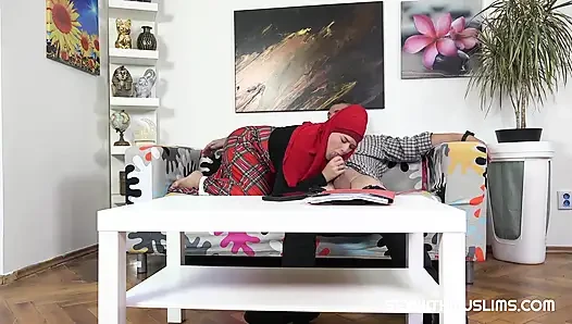 Sexy bitch in red hijab really loves hard cocks