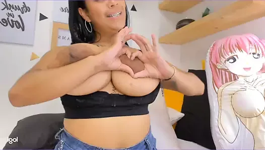 Brown busty girl with huge areolas sucks nipple on cam