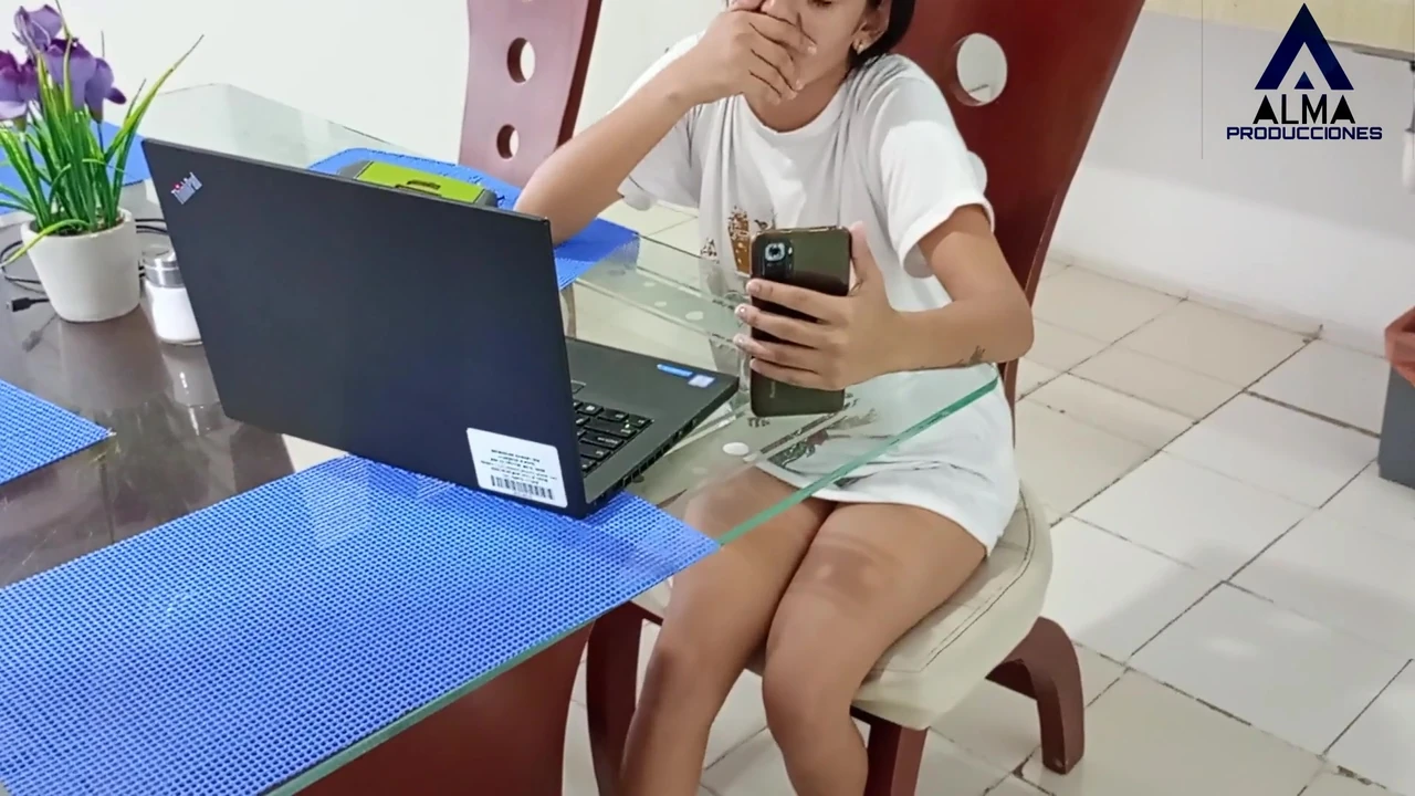 my stepsister is video calling with her boyfriend so I join in and we fuck so her boyfriend can watch us.