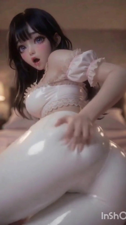 Pretty dark-haired anime girl, white leather pants | Clip 1