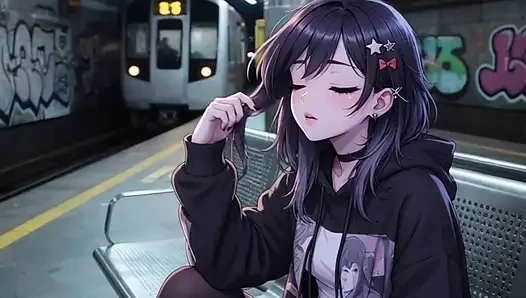 Cute anime girl masturbates and gets fucked in the subway station