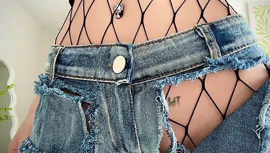 Trying on Sexy Ripped Denim Shorts Over Fishnets