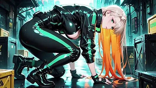 Neon Rain Night! Blonde Agent in Wet Leather Crouching Low, Holographic Glow & Cold Glances.