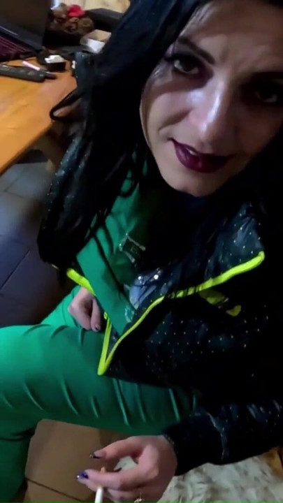 Black Leather Jacket and Tight Shiny Pants – Cameltoe and Deep Oral Tease | Clip 2