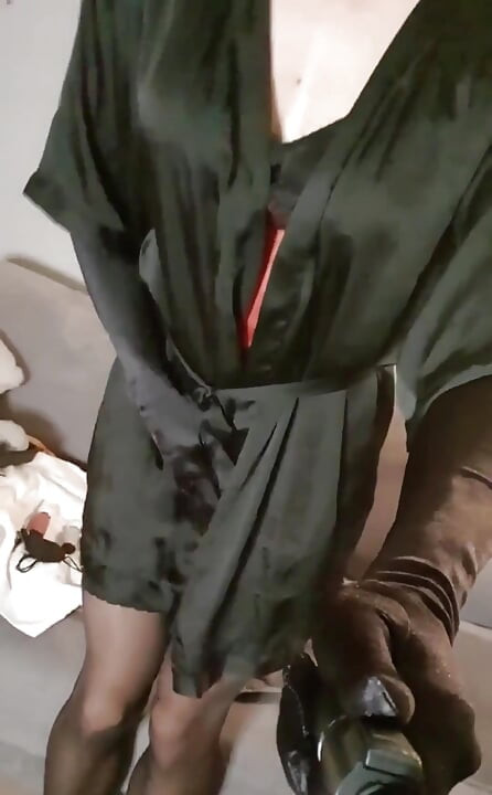 Feeling very naughty in lingerie and my favorite red satin night dress