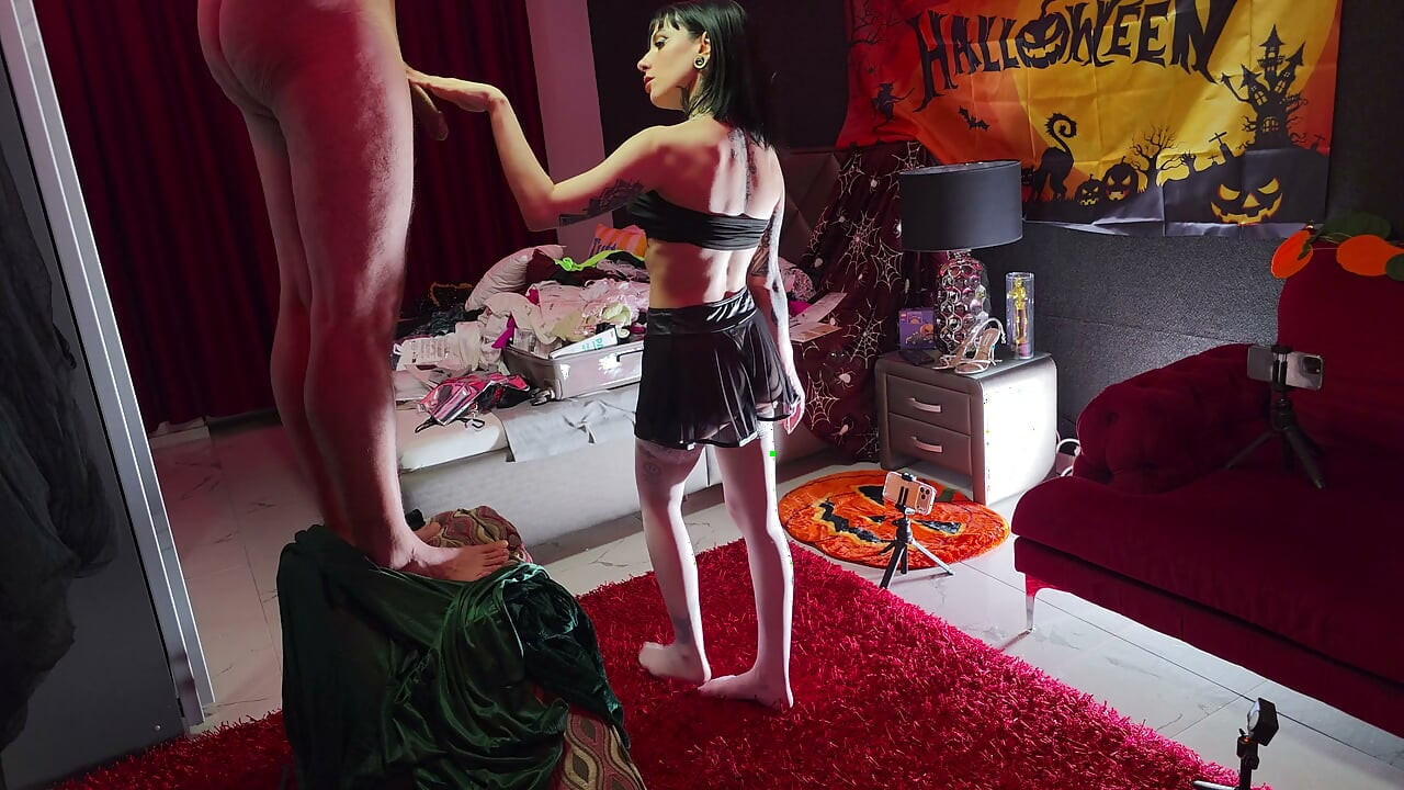 Absolute seduction and cock tease with super intense handjob for Halloween from a horny and sexy brunette babe