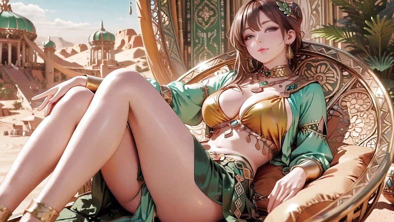 ¡Coronación de la Reina Oro Verde! Recostada perezosamente de lado en el palacio del desierto, dedos jugueteando con el cabello y el velo, piel bronceada por el sol brillando.