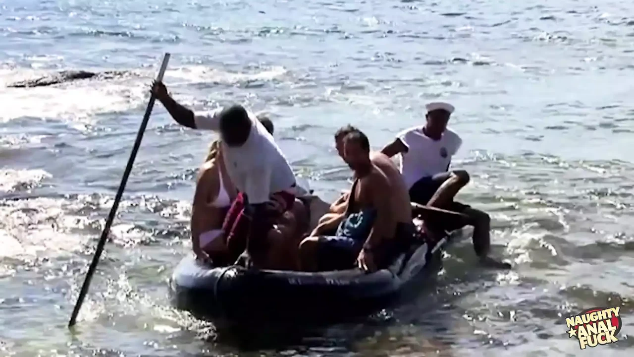 Three guys destroy a skinny blondes holes on the beach of an island