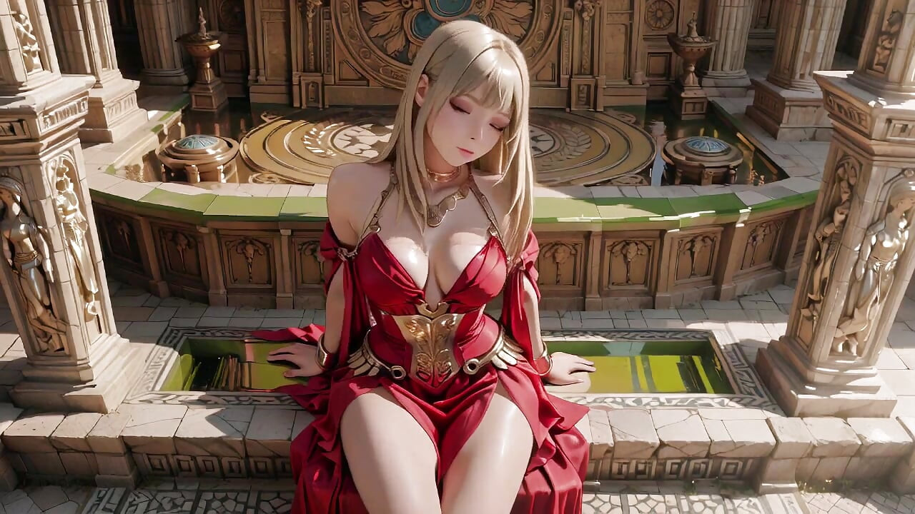 Blonde Queen in Red! Sitting by the fountain, adjusting her slit dress... Eyes locked on you.