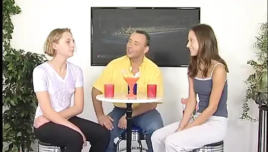 Two lovely teens are pleasuring guy's rod at the casting