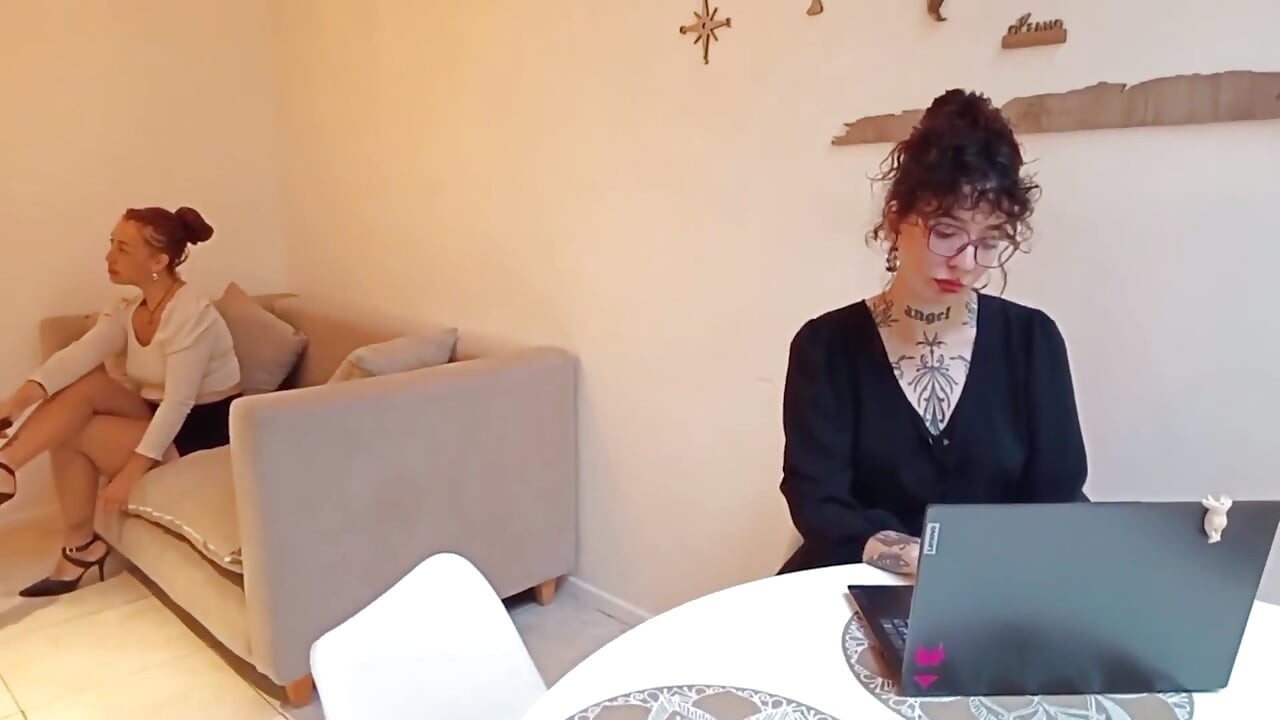 Lesbian Coworkers in Pantyhose Fuck with a Strap-on