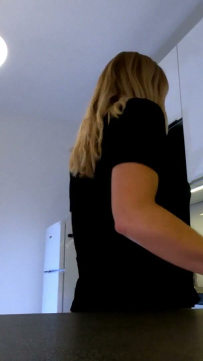 Sexy hot blonde girl in pajama shorts in the kitchen wants to flash her pussy no panties under her pyjama | Clip 1