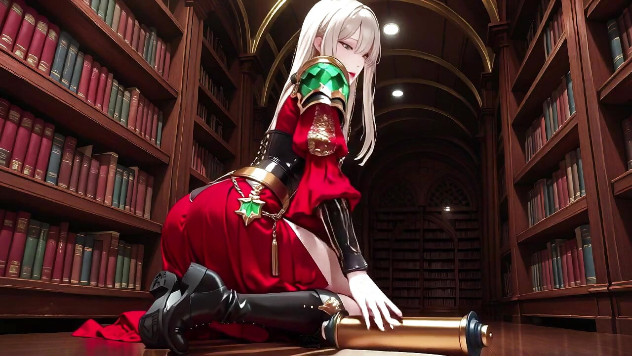 Fantasía prohibida en armadura roja y verde! Rubia Knight se relaja seductoramente mientras su pareja de pelo plateado se arrodilla para servir