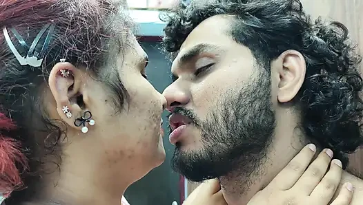 Hot couple lip lock with navel lick and boobs press
