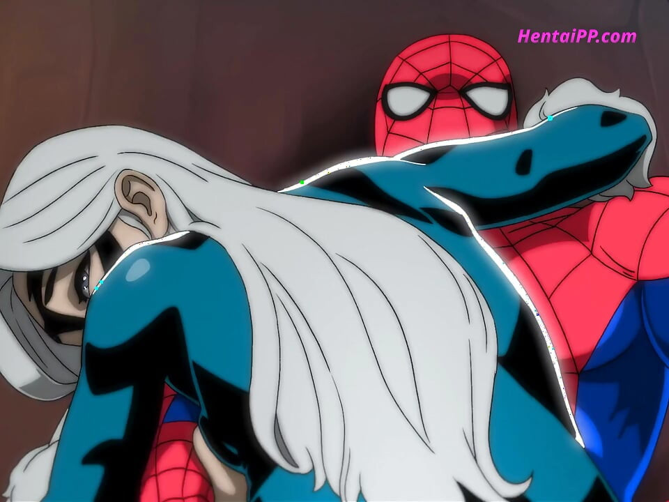 Svart katt bøyer seg over taket - Spider-Man kjører sin store kuk inn i fitta hennes