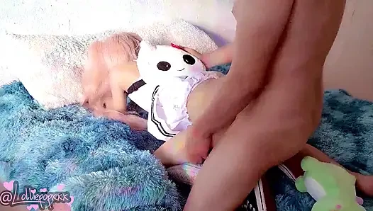 Cute Petite Girl in White Skirt & Backpack Gets Filled with Cum - Dripping Creampie