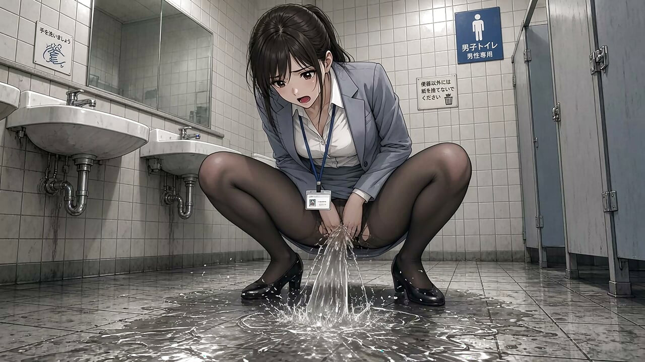 Office lady pees inside the men's restroom