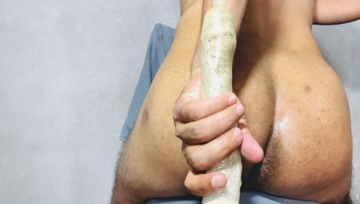 I fucked my ass long dildo and it felt very good to put a condom on it, dildo fuck my asshole deeply