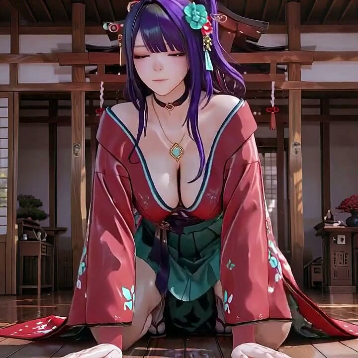 Paars haar & kimono! Verleidelijk knielen in een Japanse tuin.