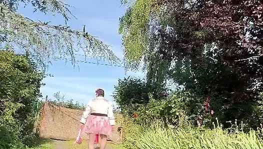Dressed in a little pink lace skirt for an evening out