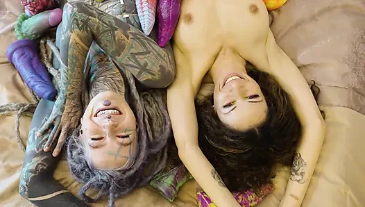 Lesbians EXTREME ANAL play with Crazy Toys GAPING and Moaning in colorful fishnets